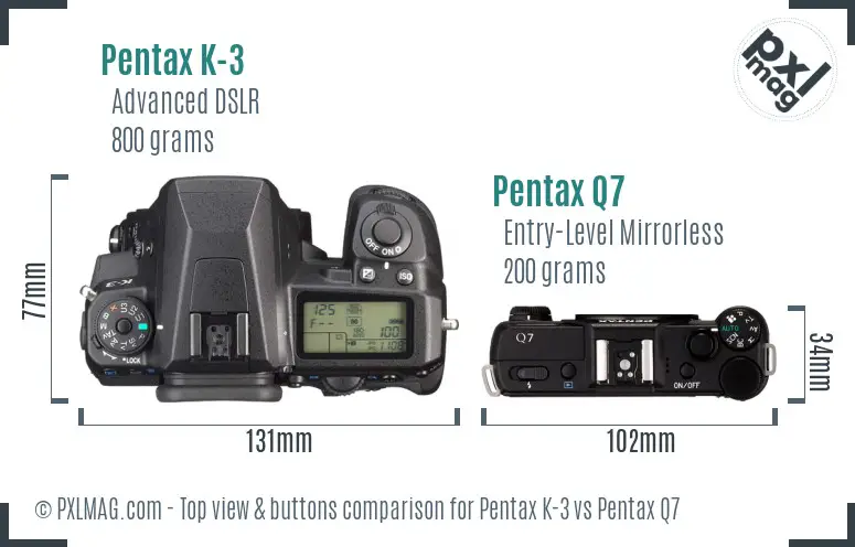 Pentax K-3 vs Pentax Q7 top view buttons comparison
