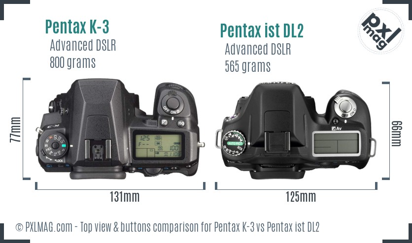 Pentax K-3 vs Pentax ist DL2 top view buttons comparison