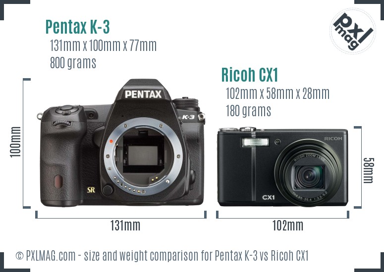 Pentax K-3 vs Ricoh CX1 size comparison