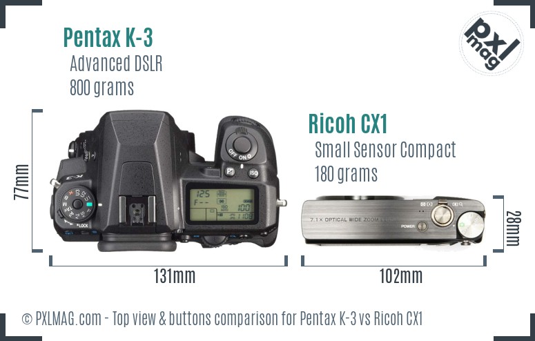 Pentax K-3 vs Ricoh CX1 top view buttons comparison