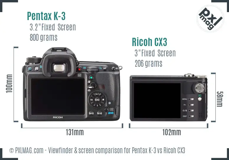 Pentax K-3 vs Ricoh CX3 Screen and Viewfinder comparison Pentax K-3 vs Ricoh CX3 Screen and Viewfinder comparison