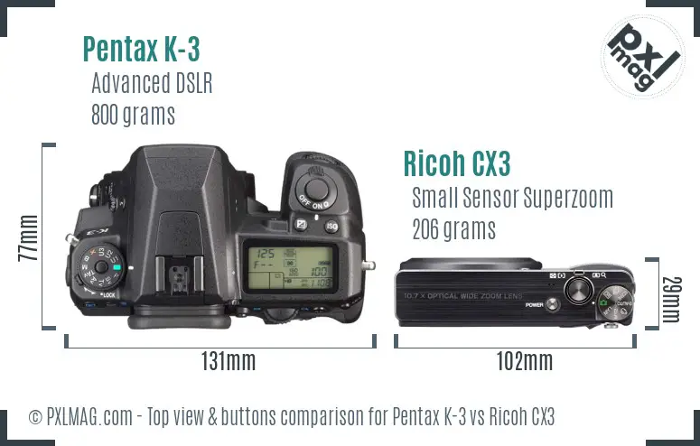 Pentax K-3 vs Ricoh CX3 top view buttons comparison Pentax K-3 vs Ricoh CX3 top view buttons comparison