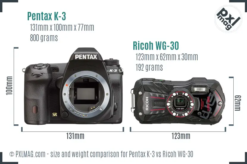 Pentax K-3 vs Ricoh WG-30 size comparison