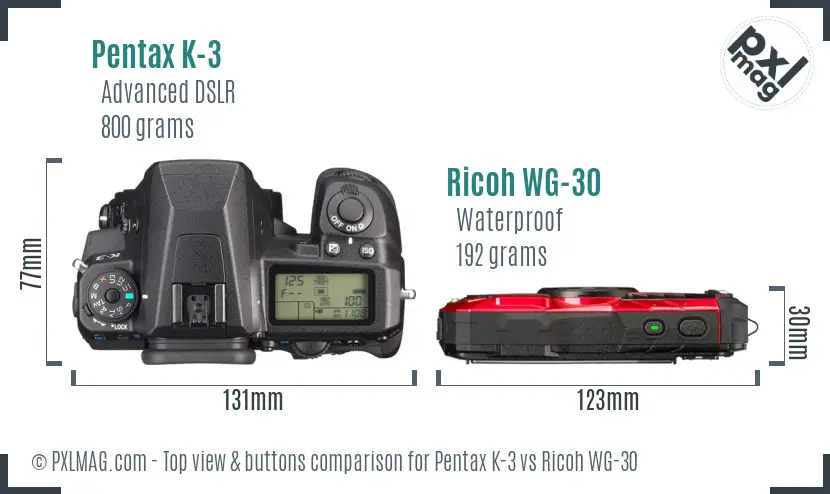 Pentax K-3 vs Ricoh WG-30 top view buttons comparison