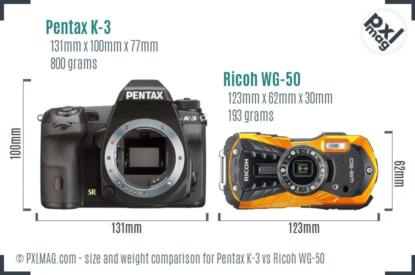 Pentax K-3 vs Ricoh WG-50 size comparison