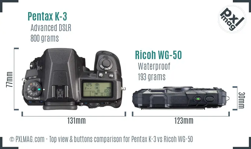 Pentax K-3 vs Ricoh WG-50 top view buttons comparison