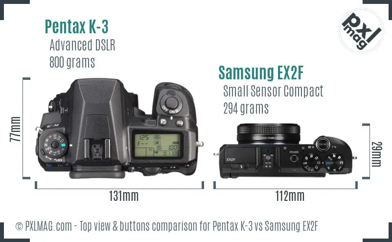 Pentax K-3 vs Samsung EX2F top view buttons comparison