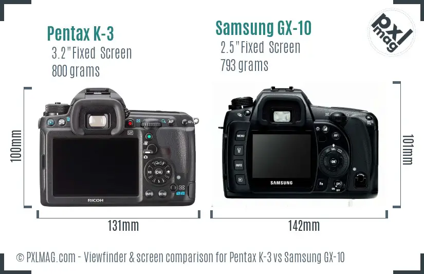 Pentax K-3 vs Samsung GX-10 Screen and Viewfinder comparison