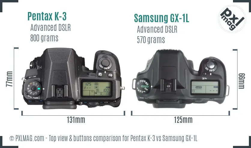 Pentax K-3 vs Samsung GX-1L top view buttons comparison