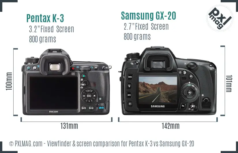 Pentax K-3 vs Samsung GX-20 Screen and Viewfinder comparison