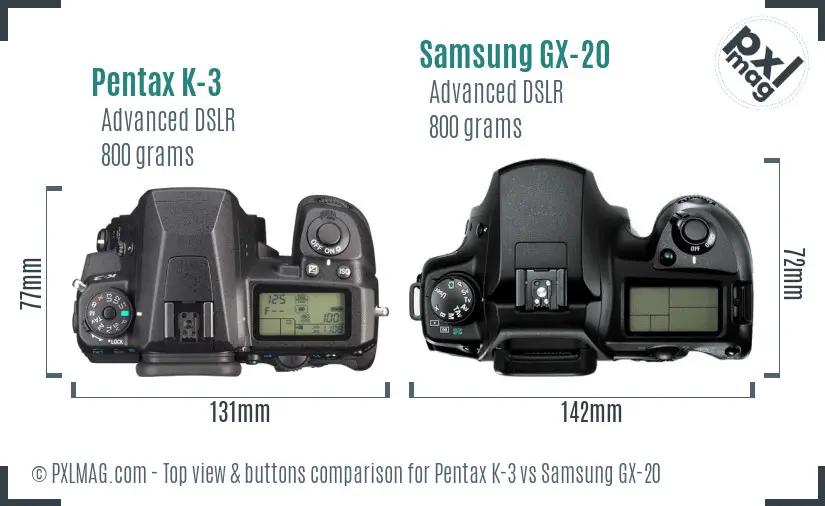 Pentax K-3 vs Samsung GX-20 top view buttons comparison