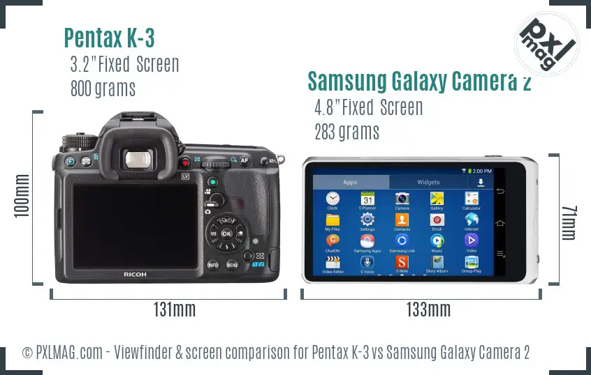 Pentax K-3 vs Samsung Galaxy Camera 2 Screen and Viewfinder comparison