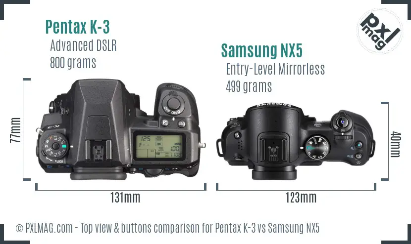 Pentax K-3 vs Samsung NX5 top view buttons comparison Pentax K-3 vs Samsung NX5 top view buttons comparison