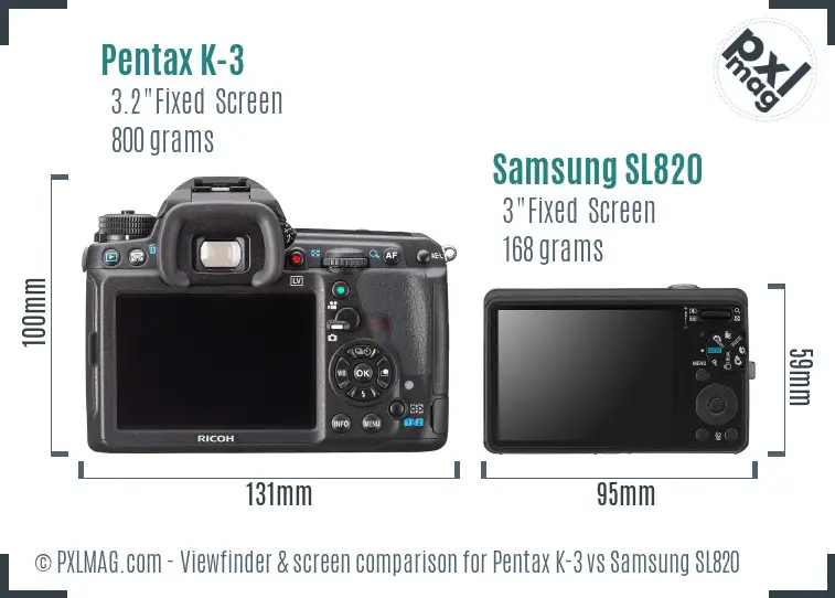 Pentax K-3 vs Samsung SL820 Screen and Viewfinder comparison