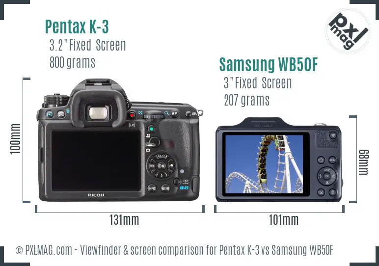 Pentax K-3 vs Samsung WB50F Screen and Viewfinder comparison