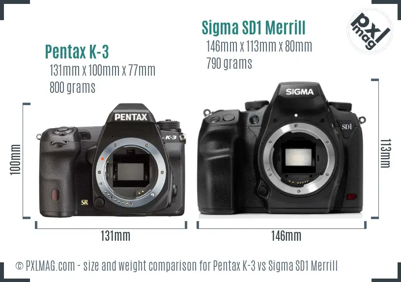 Pentax K-3 vs Sigma SD1 Merrill size comparison