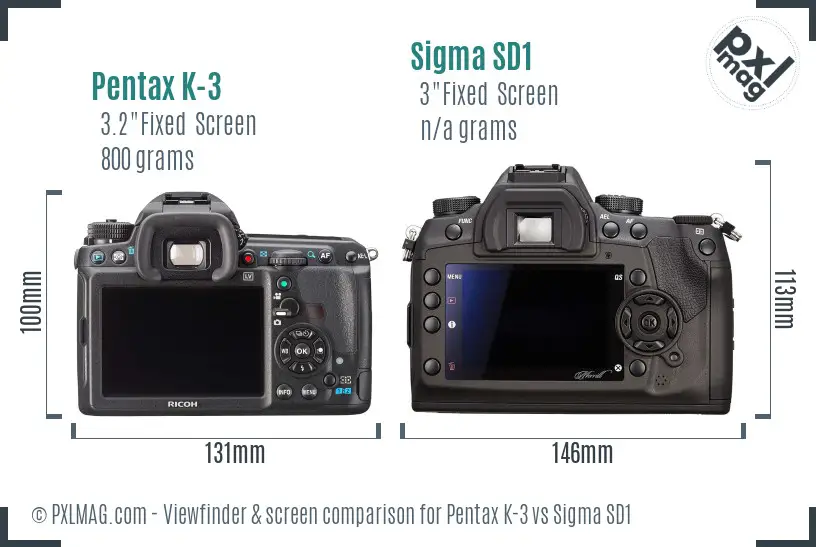 Pentax K-3 vs Sigma SD1 Screen and Viewfinder comparison