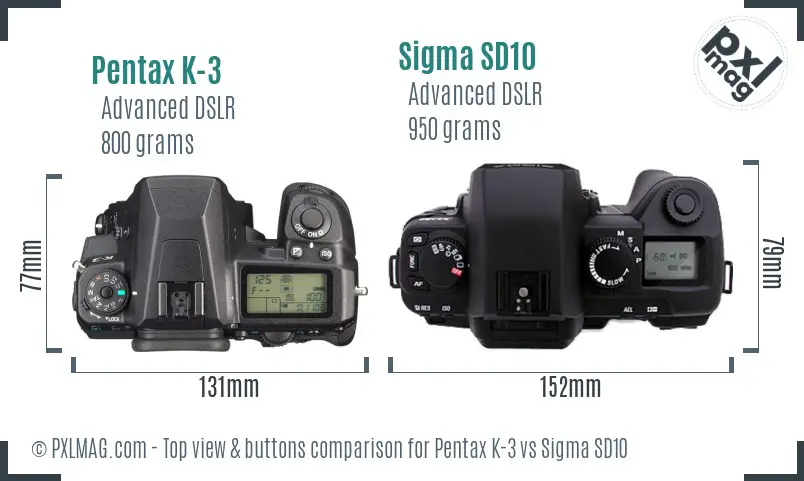 Pentax K-3 vs Sigma SD10 top view buttons comparison
