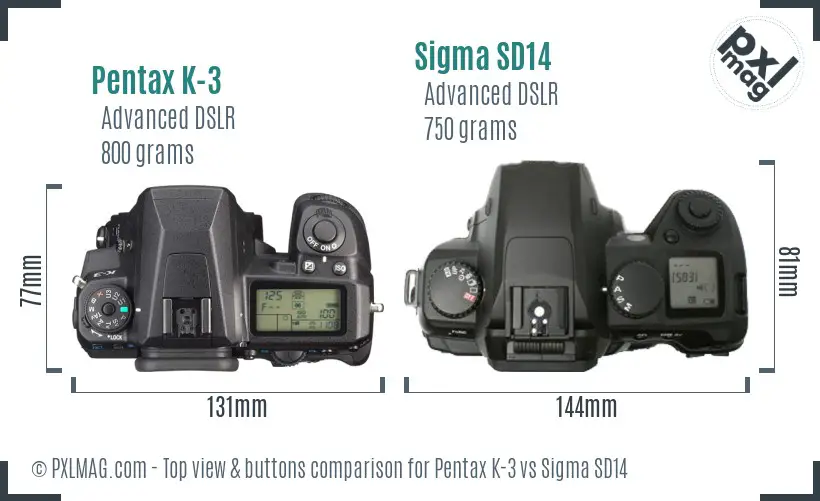 Pentax K-3 vs Sigma SD14 top view buttons comparison
