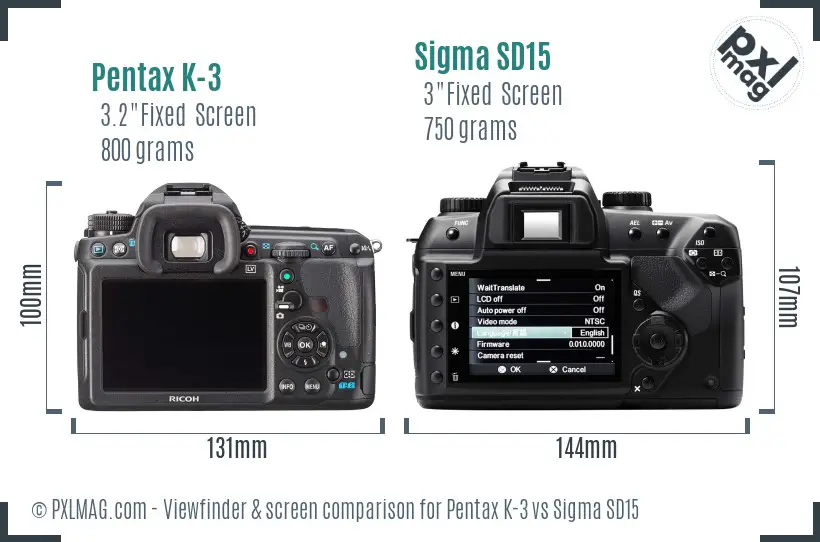Pentax K-3 vs Sigma SD15 Screen and Viewfinder comparison