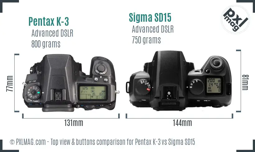 Pentax K-3 vs Sigma SD15 top view buttons comparison