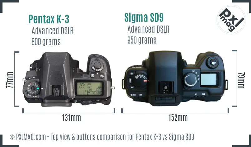 Pentax K-3 vs Sigma SD9 top view buttons comparison