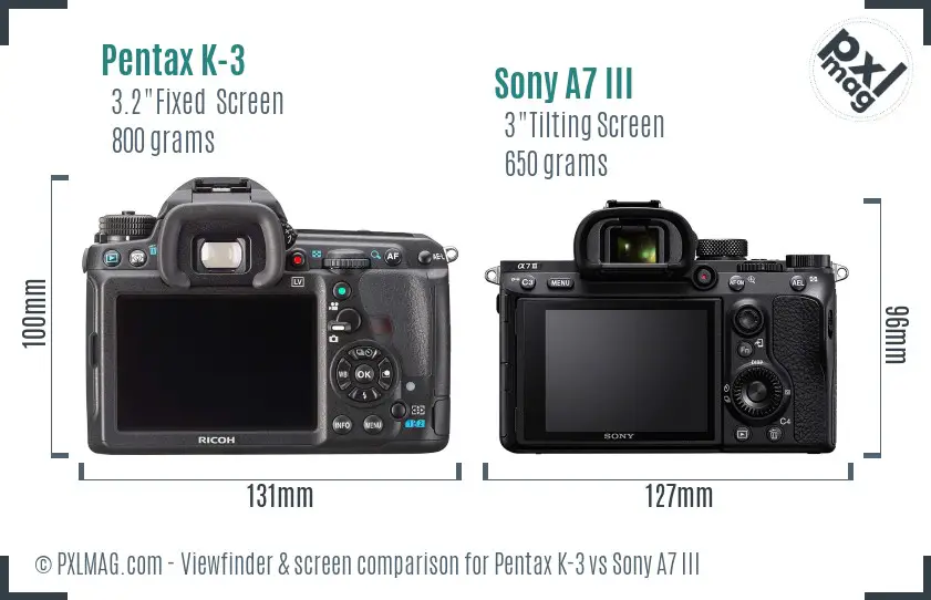 Pentax K-3 vs Sony A7 III Screen and Viewfinder comparison