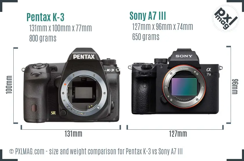 Pentax K-3 vs Sony A7 III size comparison