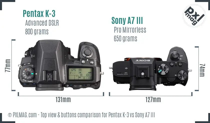 Pentax K-3 vs Sony A7 III top view buttons comparison