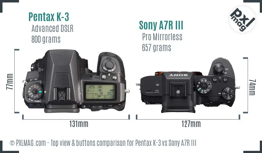 Pentax K-3 vs Sony A7R III top view buttons comparison