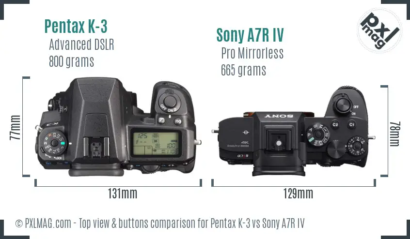 Pentax K-3 vs Sony A7R IV top view buttons comparison