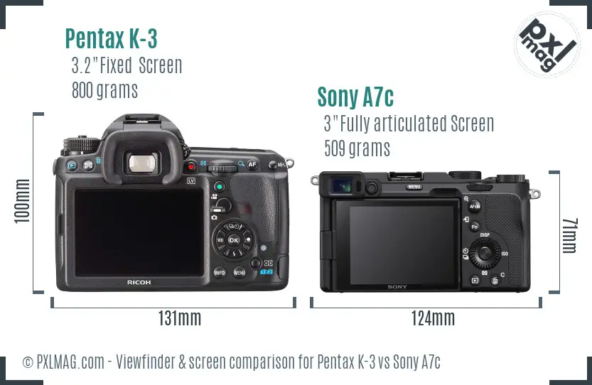 Pentax K-3 vs Sony A7c Screen and Viewfinder comparison