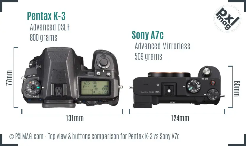 Pentax K-3 vs Sony A7c top view buttons comparison