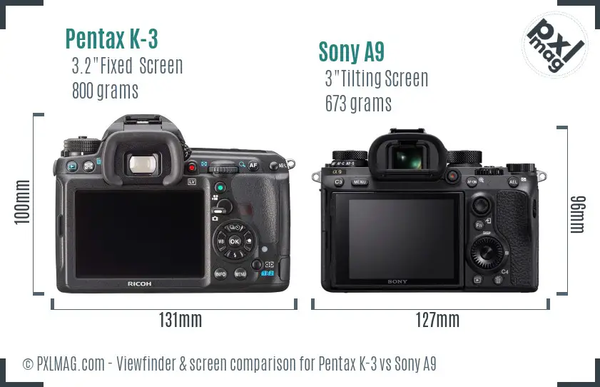 Pentax K-3 vs Sony A9 Screen and Viewfinder comparison