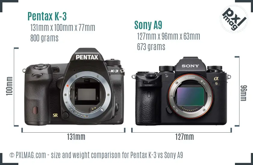 Pentax K-3 vs Sony A9 size comparison