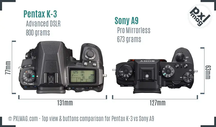 Pentax K-3 vs Sony A9 top view buttons comparison