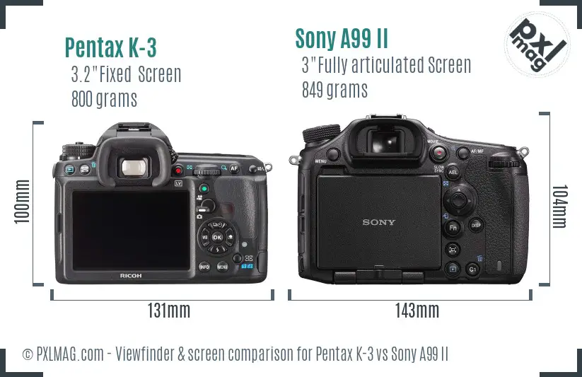 Pentax K-3 vs Sony A99 II Screen and Viewfinder comparison
