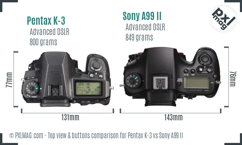 Pentax K-3 vs Sony A99 II top view buttons comparison