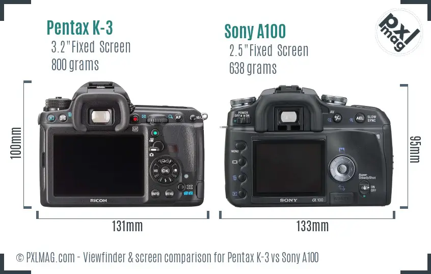 Pentax K-3 vs Sony A100 Screen and Viewfinder comparison