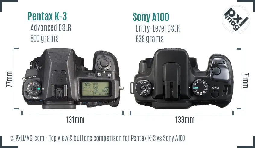 Pentax K-3 vs Sony A100 top view buttons comparison