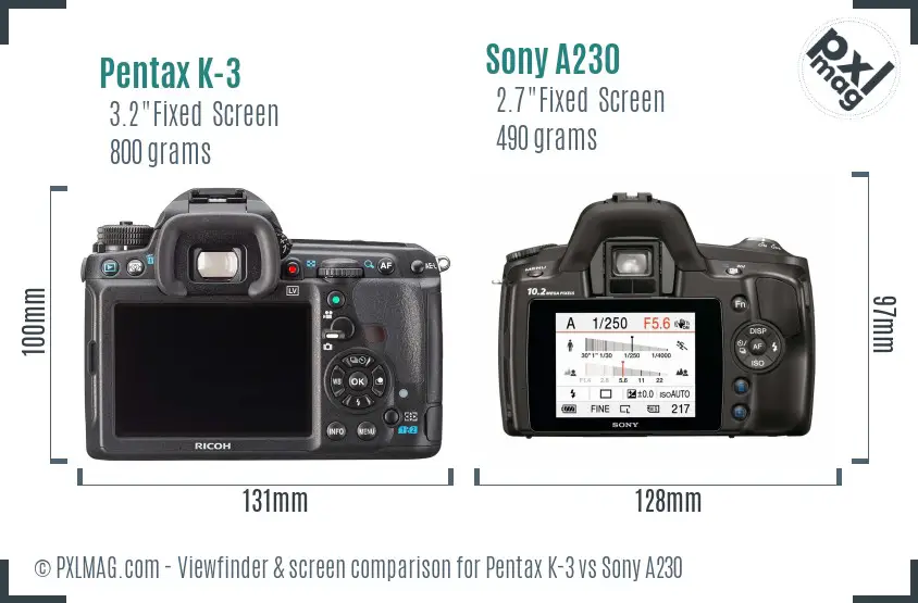 Pentax K-3 vs Sony A230 Screen and Viewfinder comparison