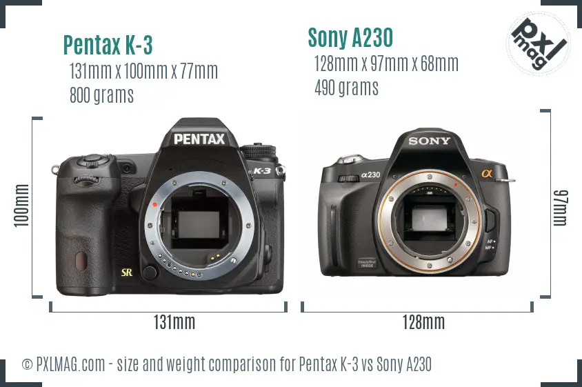 Pentax K-3 vs Sony A230 size comparison