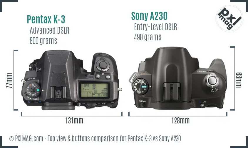 Pentax K-3 vs Sony A230 top view buttons comparison