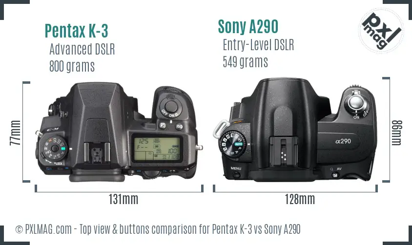 Pentax K-3 vs Sony A290 top view buttons comparison Pentax K-3 vs Sony A290 top view buttons comparison