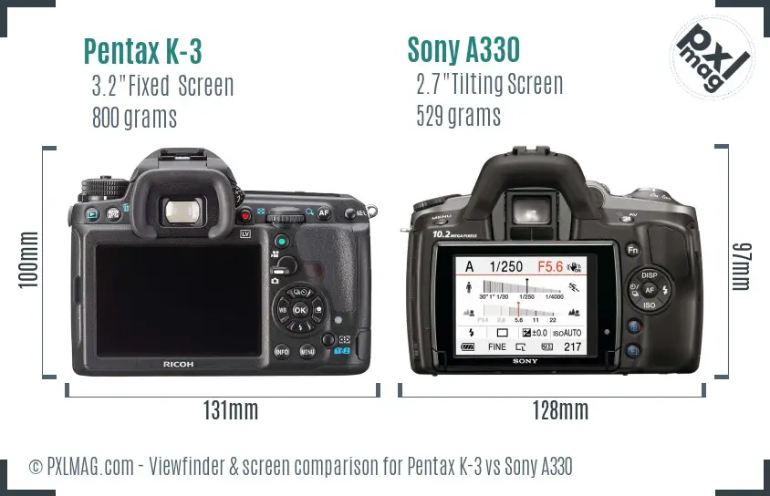 Pentax K-3 vs Sony A330 Screen and Viewfinder comparison