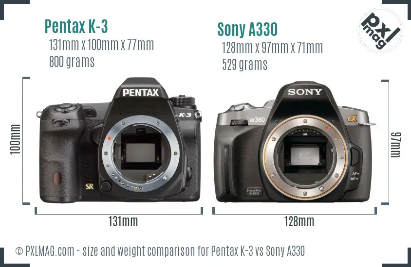 Pentax K-3 vs Sony A330 size comparison