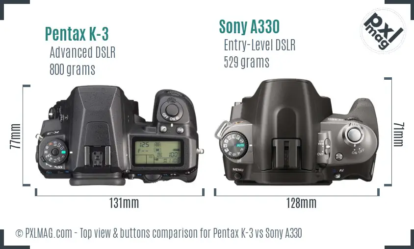 Pentax K-3 vs Sony A330 top view buttons comparison