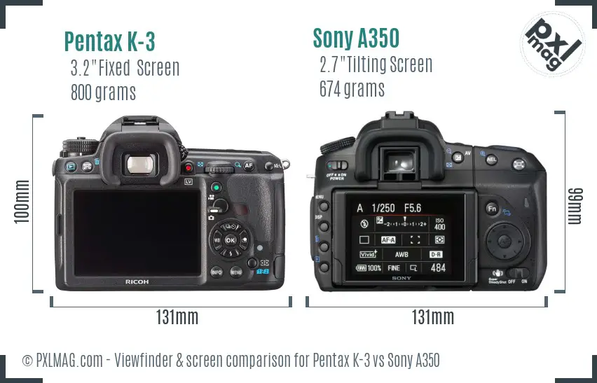 Pentax K-3 vs Sony A350 Screen and Viewfinder comparison