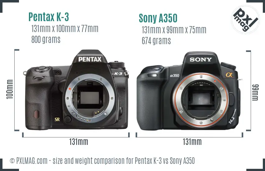 Pentax K-3 vs Sony A350 size comparison
