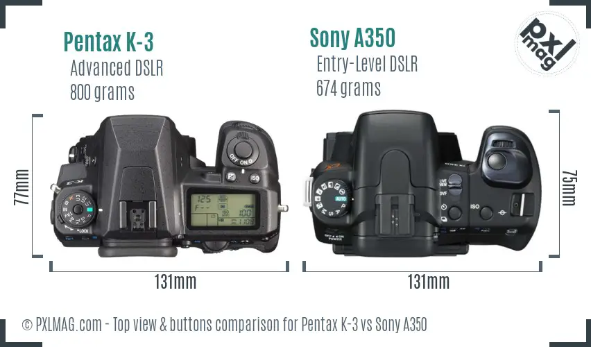 Pentax K-3 vs Sony A350 top view buttons comparison
